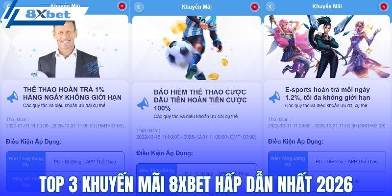 Top 3 khuyến mãi 8XBET hấp dẫn nhất 2026